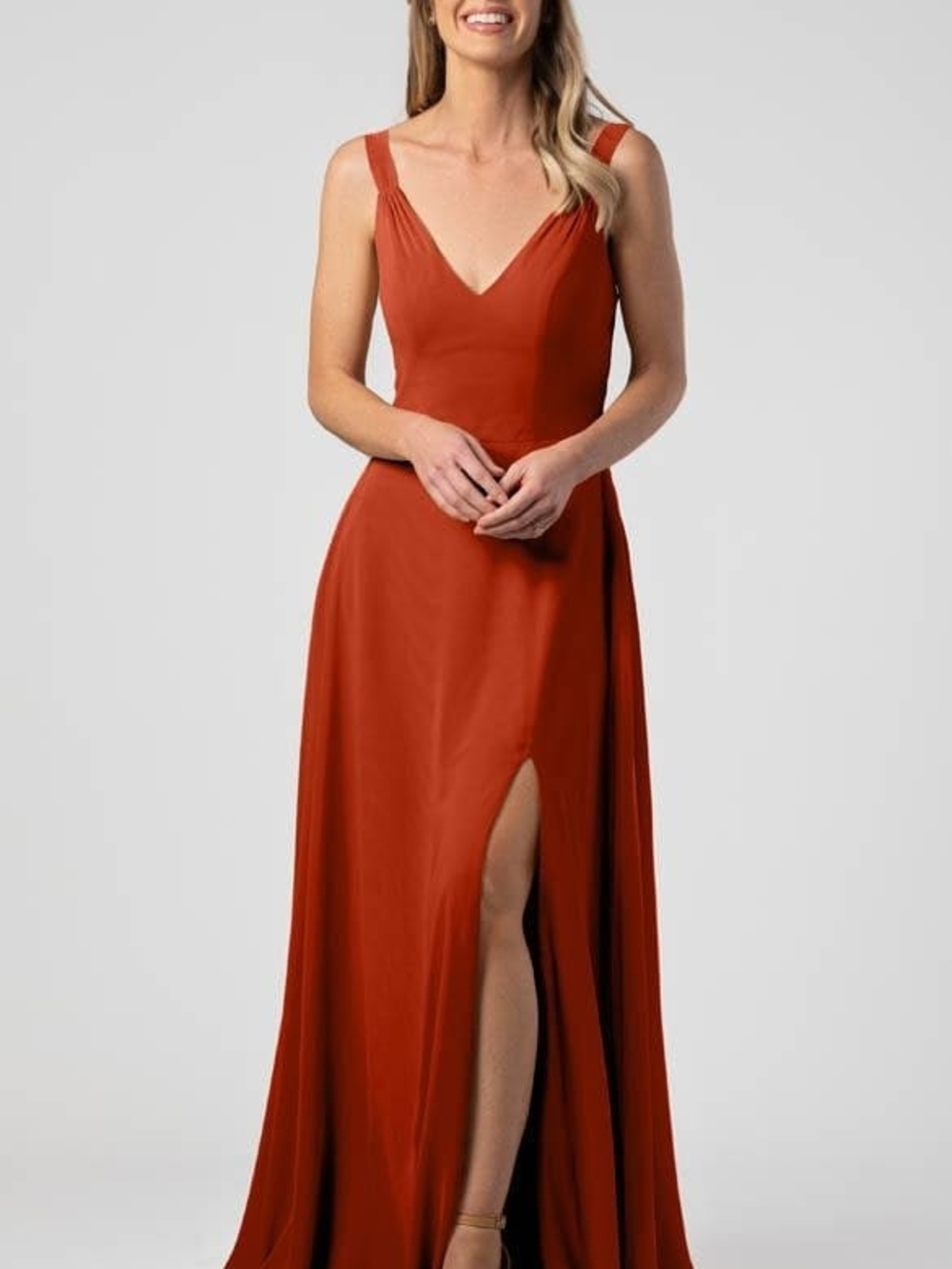 Kennedy Blue Rust Red V-Neck Sleeveless Evening Dress | Elegant Formal